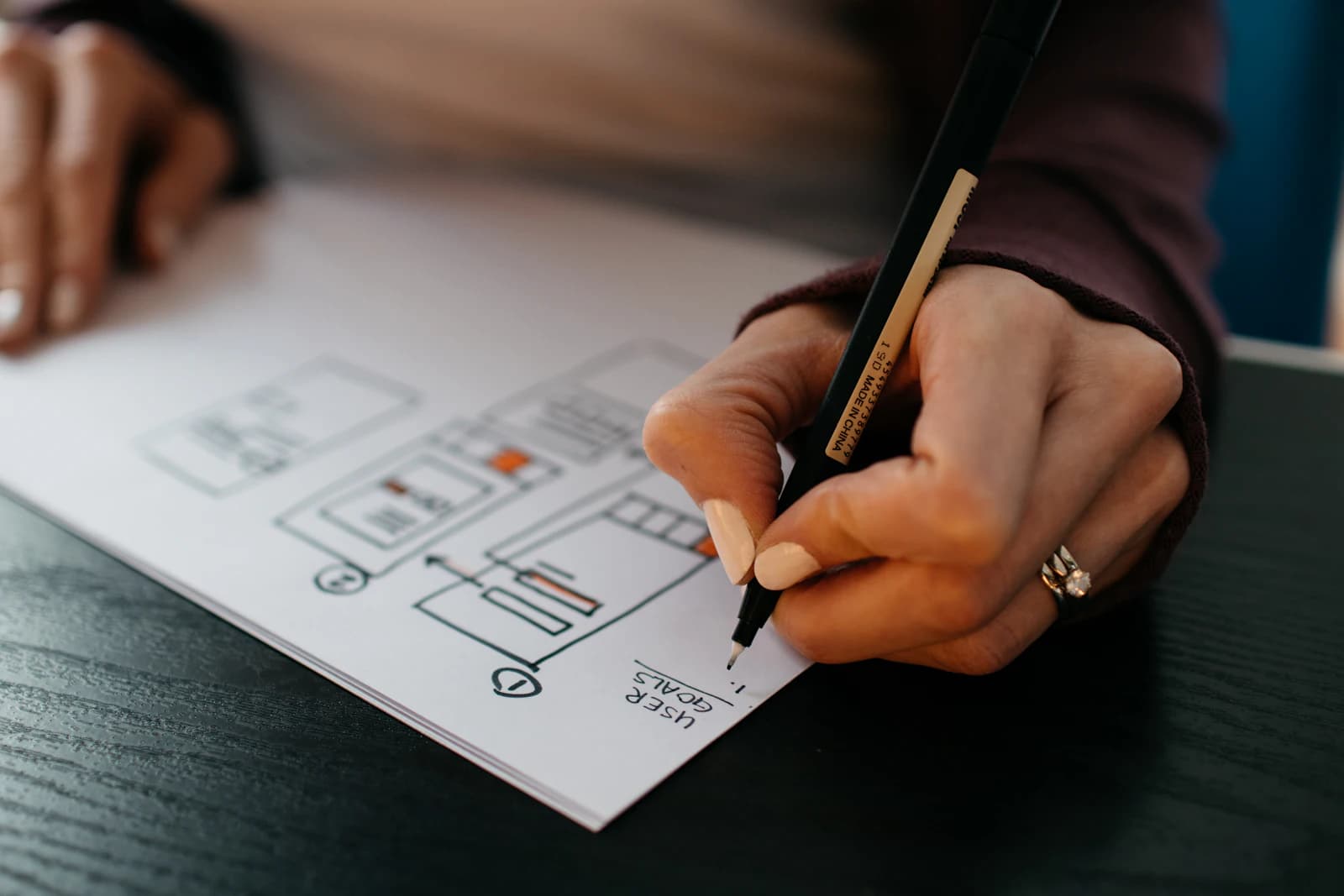 A hand sketching a screen layout on paper