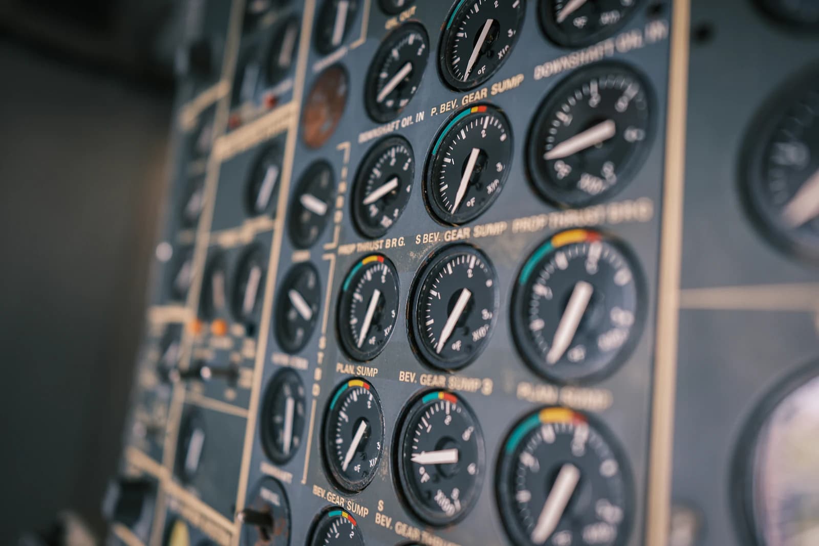 Rows of gauges on an aircraft instrument panel