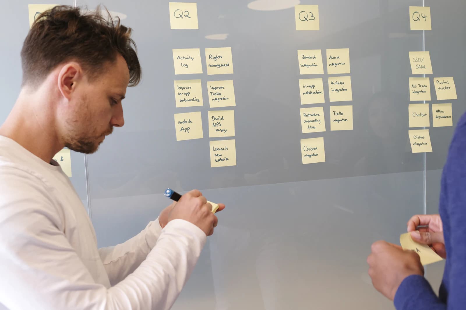 A strategist placing notes on a quarterly planning wall