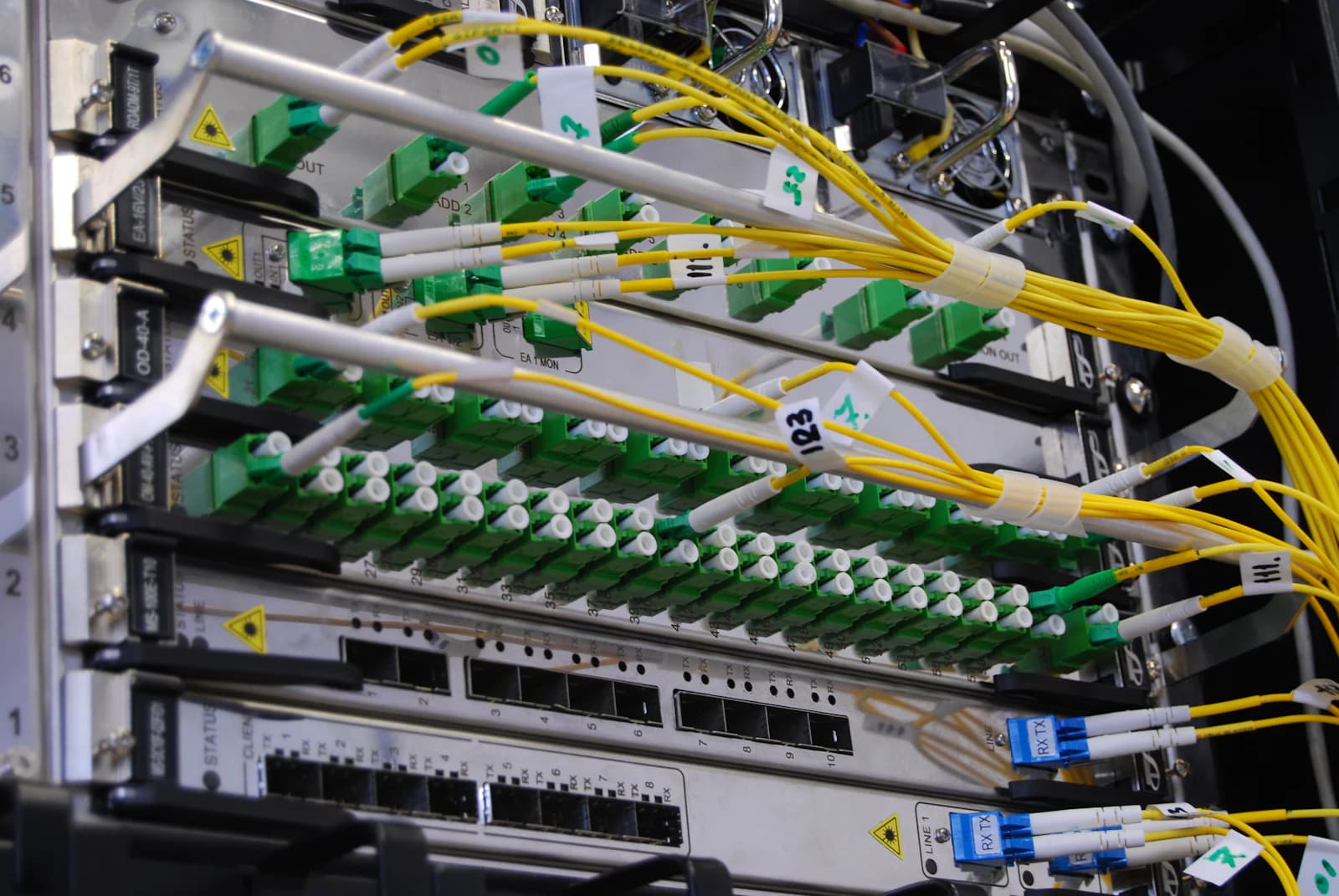 Fibre optic cables connected to a network switch