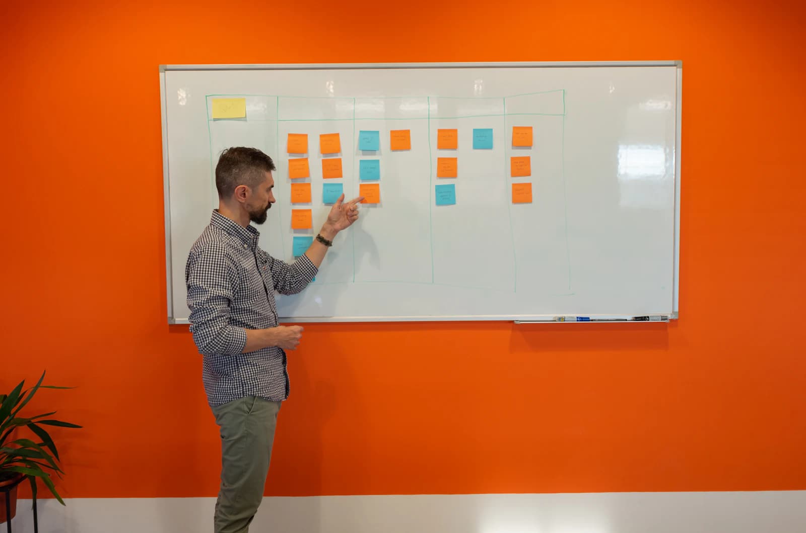A consultant mapping a process on a whiteboard