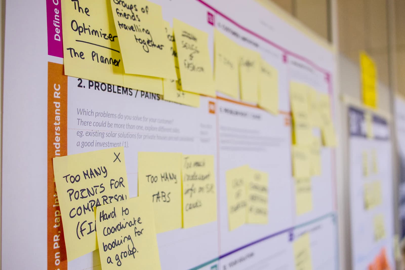 A board of sticky notes grouped into themes